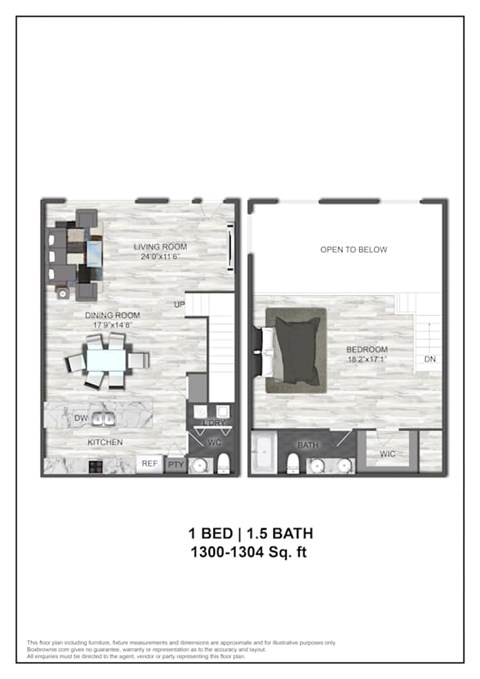 Floor plan for 1 bed, 1.5 baths, 1304 sqft